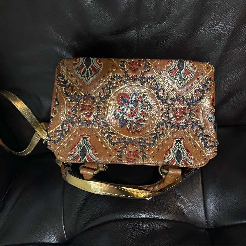 Patricia Nash Brown and Gold Patterned Crossbody Bag